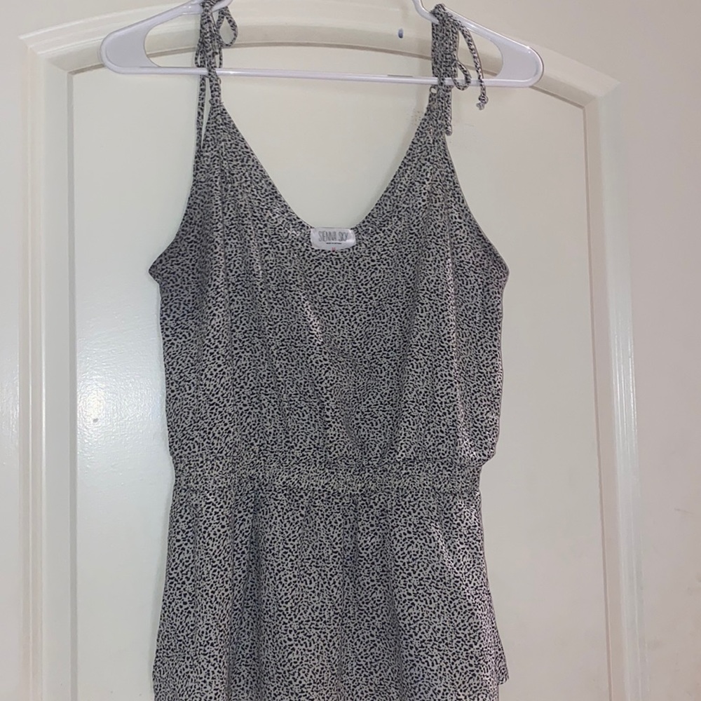 Sienna Sky tie-shoulder tank, black/white print, cinched at waist